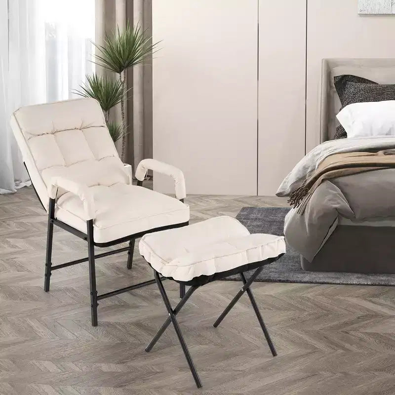 Poltrona relax in lino beige con pouf, schienale regolabile, 1 posto