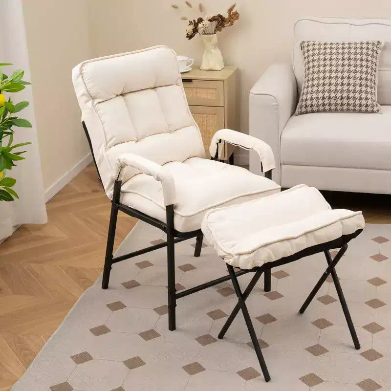 Poltrona relax in lino beige con pouf, schienale regolabile, 1 posto