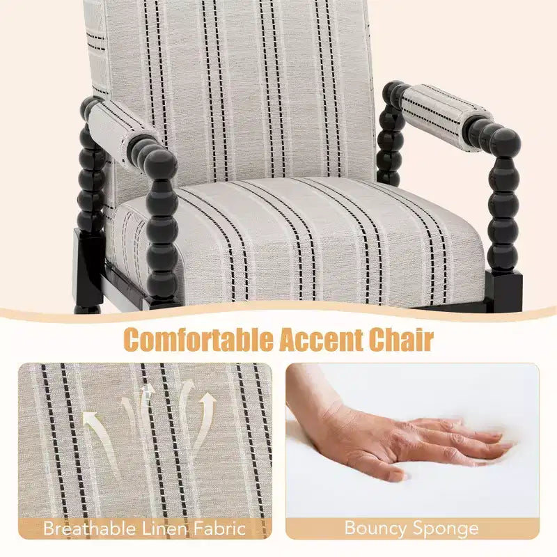 Poltrona imbottita a righe beige e nere per 1 persona, in tessuto di lino con telaio in legno di gomma