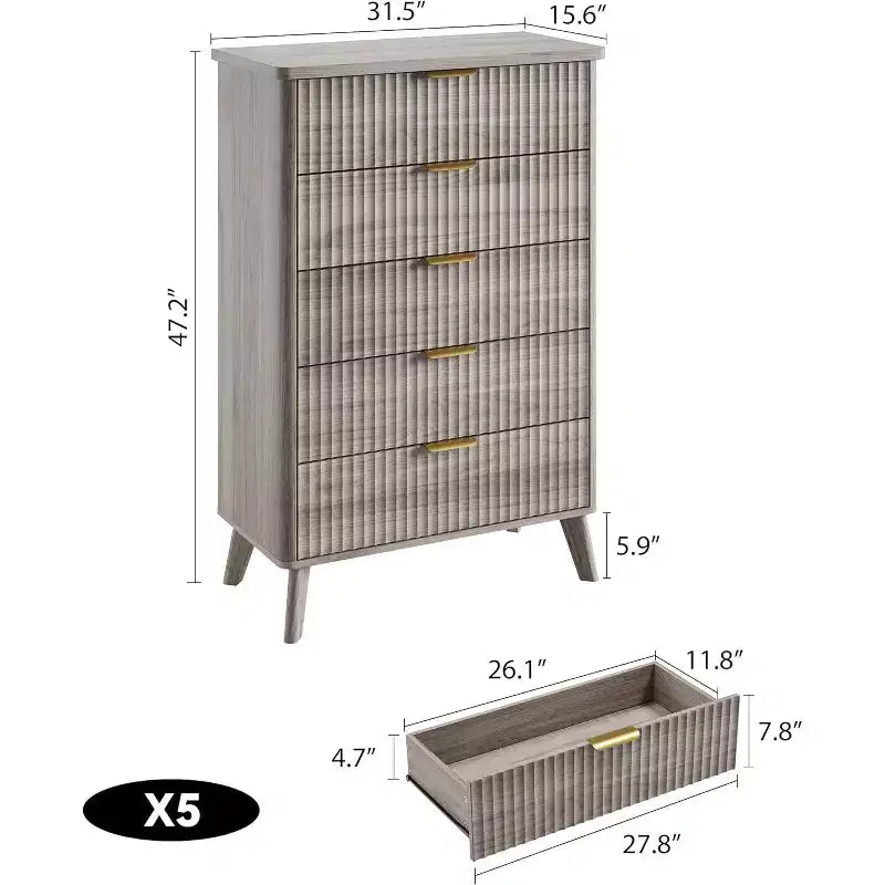 Cassettiera alta a 5 cassetti scanalati – Nero / Grigio / Naturale / Bianco, Singola