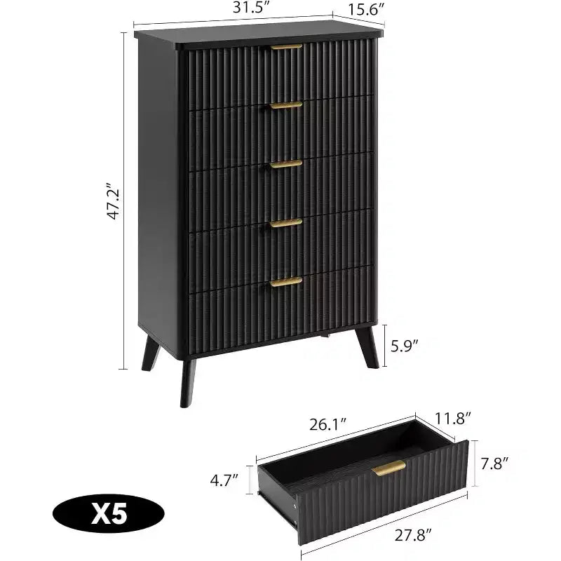 Cassettiera alta a 5 cassetti scanalati – Nero / Grigio / Naturale / Bianco, Singola