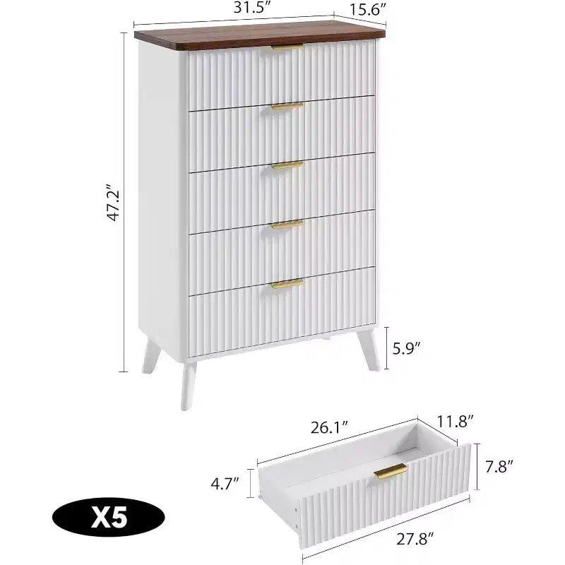 Cassettiera alta a 5 cassetti scanalati – Nero / Grigio / Naturale / Bianco, Singola