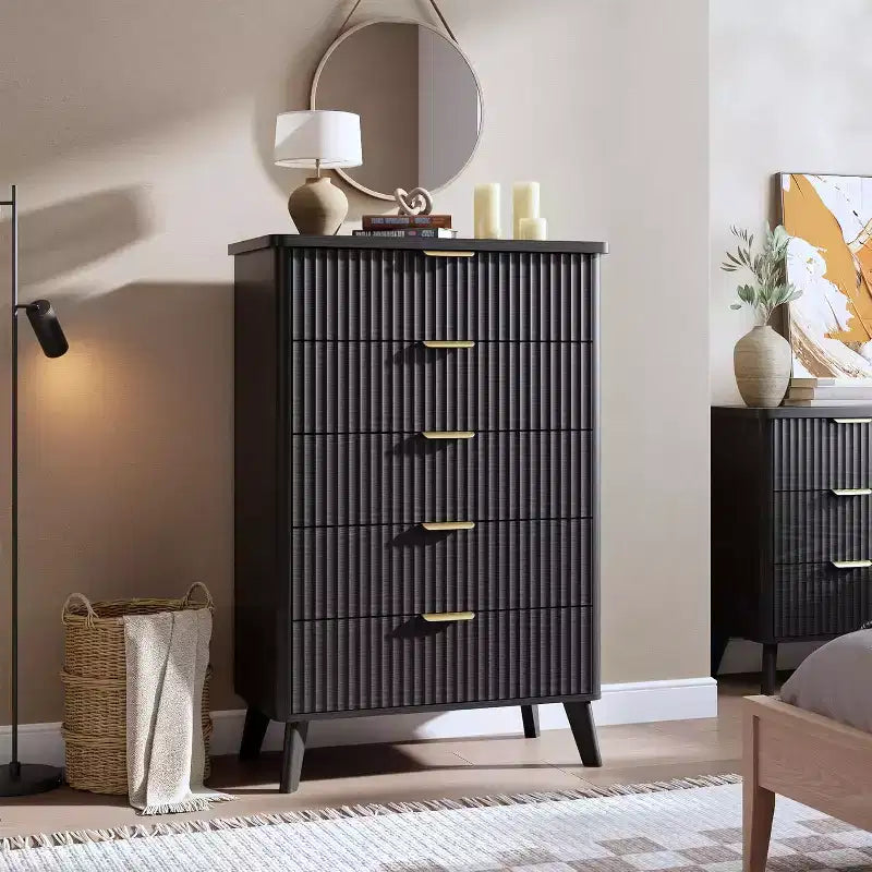 Fluted Dresser for Bedroom with 5 Deep Drawers, Tall Chest of Drawers, Curved Profile Design, Modern Wooden Dresser, for Living Room, Hallway