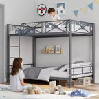 Letto a castello in metallo per 2 persone con ringhiere di sicurezza, grigio/bianco