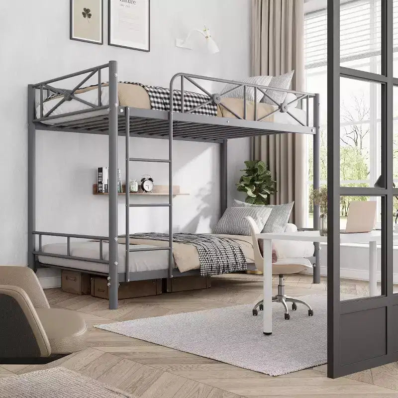Letto a castello in metallo per 2 persone con ringhiere di sicurezza, grigio/bianco