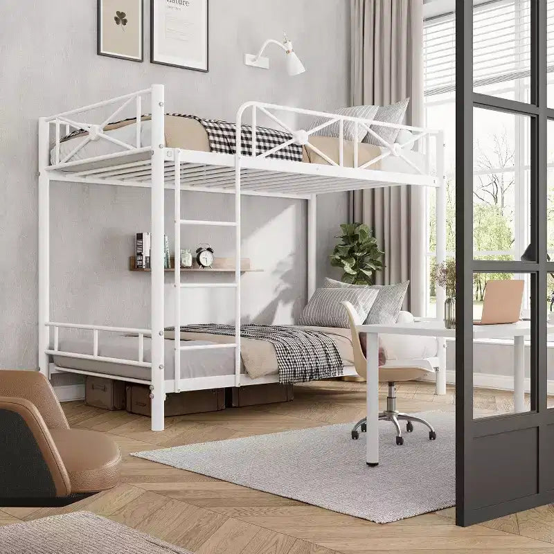 Letto a castello in metallo per 2 persone con ringhiere di sicurezza, grigio/bianco