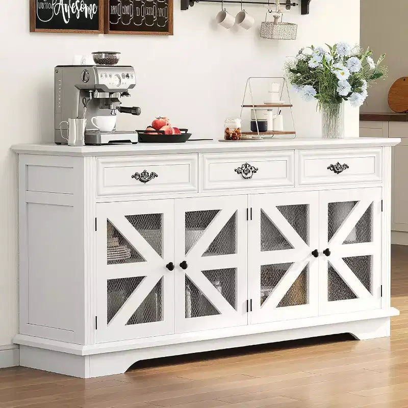 Mobile credenza buffet bianco da fattoria, 4 ante 3 cassetti, pezzo unico
