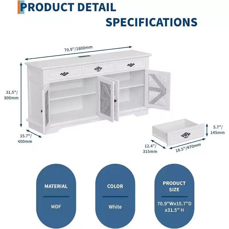 Mobile credenza buffet bianco da fattoria, 4 ante 3 cassetti, pezzo unico