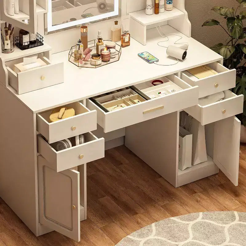 Angoliera Trucco Bianca con Specchio e 6 Cassetti, 1 Persona