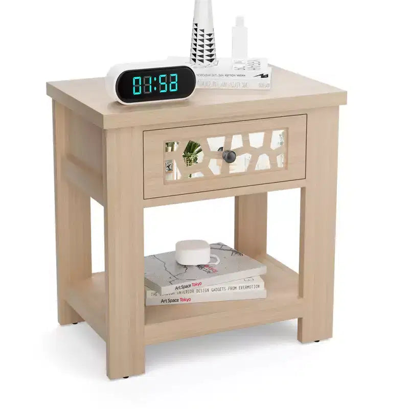 Tavolino da salotto/comodino rustico marrone naturale con cassetto e ripiano aperto, per 1