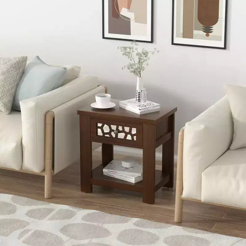 Tavolino da salotto/comodino rustico marrone naturale con cassetto e ripiano aperto, per 1