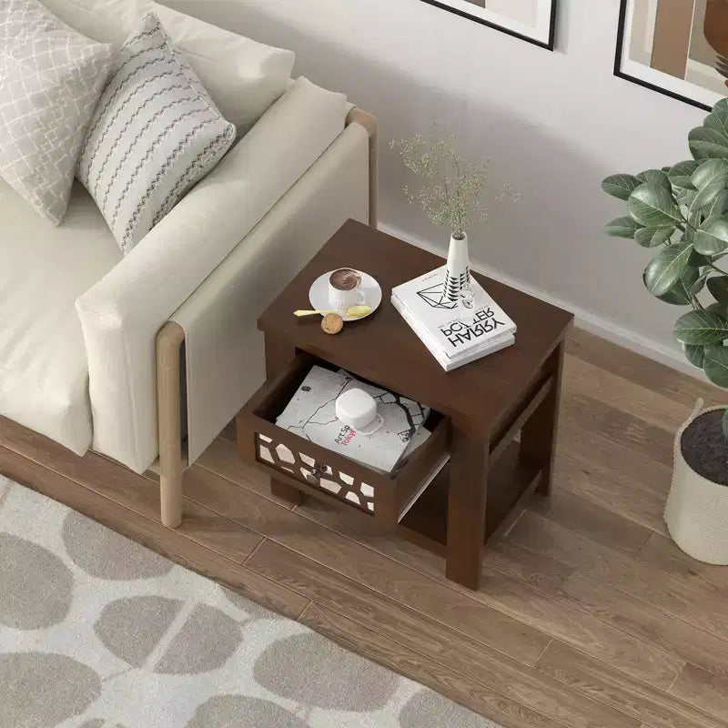 Tavolino da salotto/comodino rustico marrone naturale con cassetto e ripiano aperto, per 1