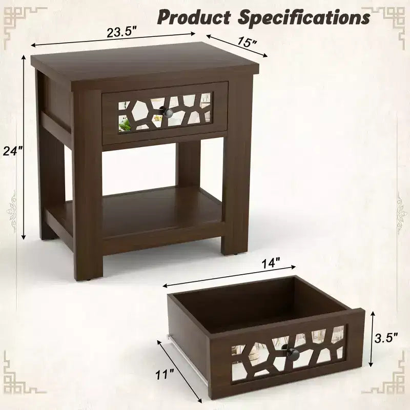 Tavolino da salotto/comodino rustico marrone naturale con cassetto e ripiano aperto, per 1