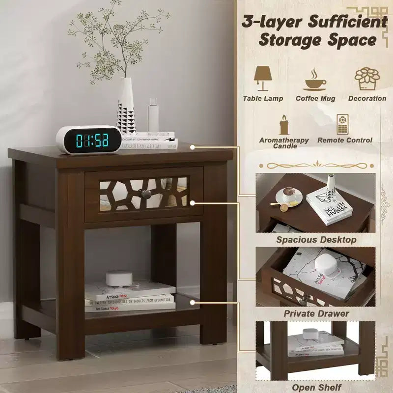 Tavolino da salotto/comodino rustico marrone naturale con cassetto e ripiano aperto, per 1