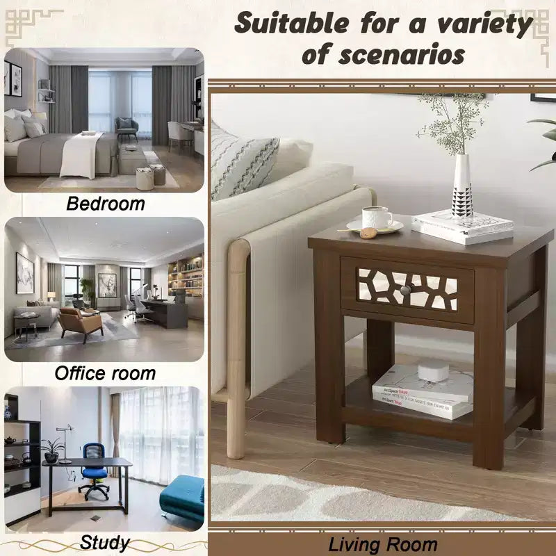 Tavolino da salotto/comodino rustico marrone naturale con cassetto e ripiano aperto, per 1
