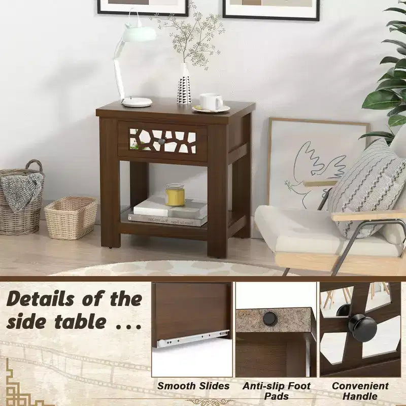 Tavolino da salotto/comodino rustico marrone naturale con cassetto e ripiano aperto, per 1