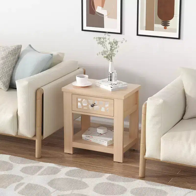 Tavolino da salotto/comodino rustico marrone naturale con cassetto e ripiano aperto, per 1