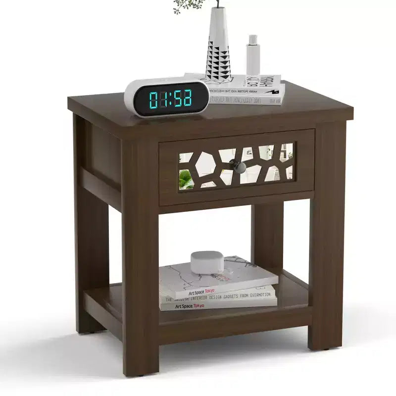 Tavolino da salotto/comodino rustico marrone naturale con cassetto e ripiano aperto, per 1