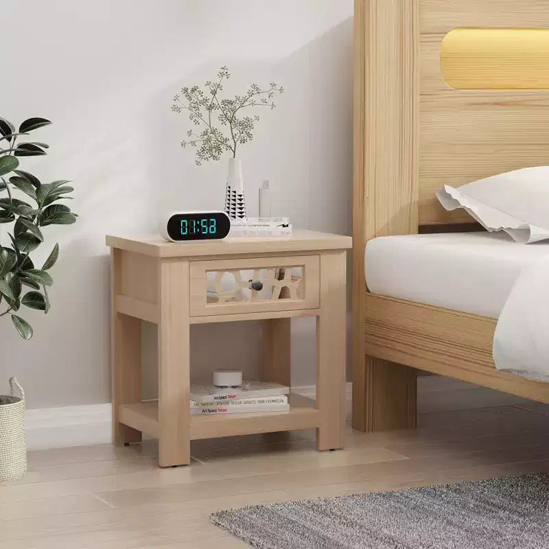Tavolino da salotto/comodino rustico marrone naturale con cassetto e ripiano aperto, per 1