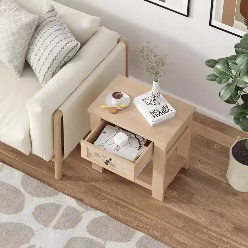 Tavolino da salotto/comodino rustico marrone naturale con cassetto e ripiano aperto, per 1