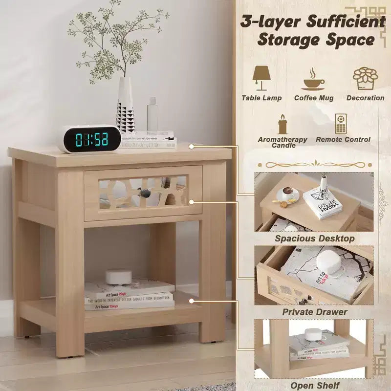 Tavolino da salotto/comodino rustico marrone naturale con cassetto e ripiano aperto, per 1