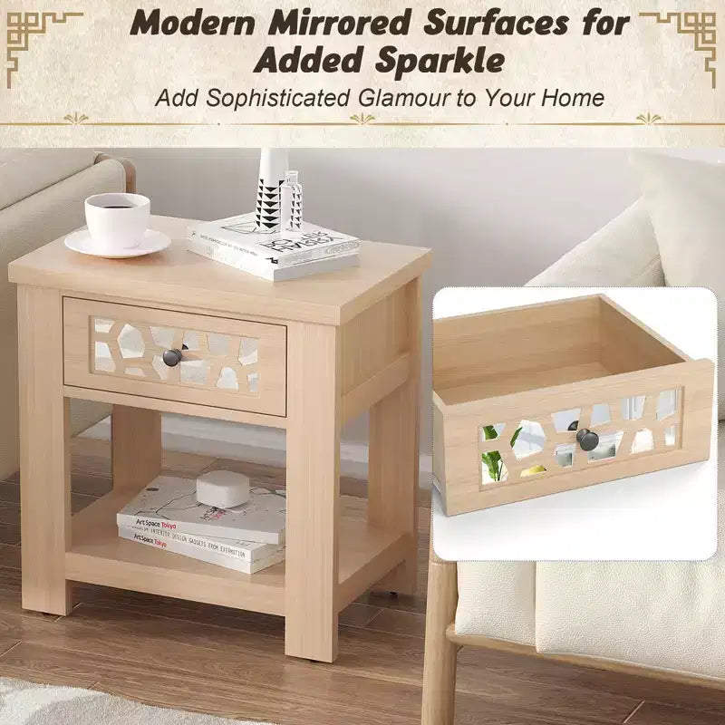 Tavolino da salotto/comodino rustico marrone naturale con cassetto e ripiano aperto, per 1
