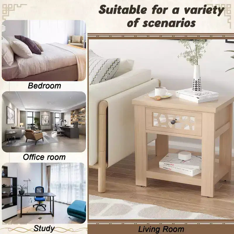 Tavolino da salotto/comodino rustico marrone naturale con cassetto e ripiano aperto, per 1