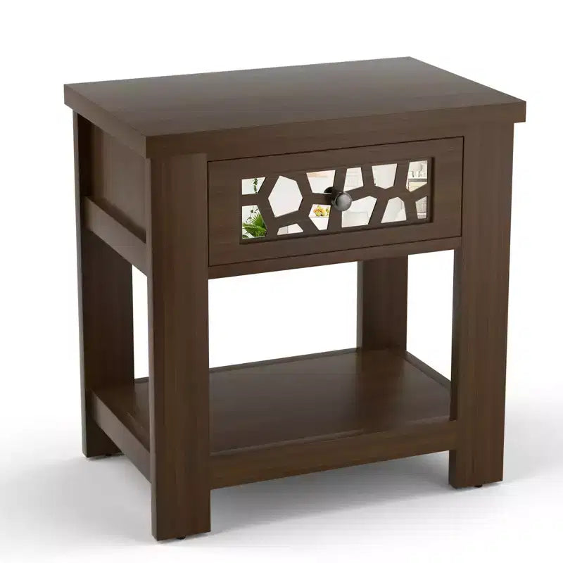 Tavolino da salotto/comodino rustico marrone naturale con cassetto e ripiano aperto, per 1