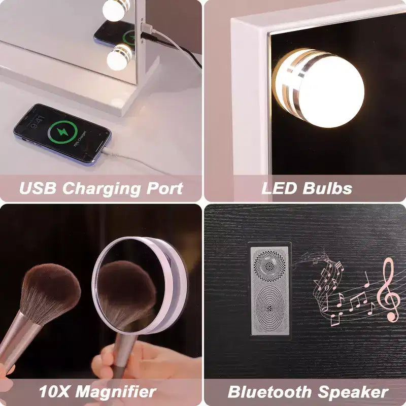 Specchio da bagno singolo moderno nero con luci a LED, altoparlante e porta USB