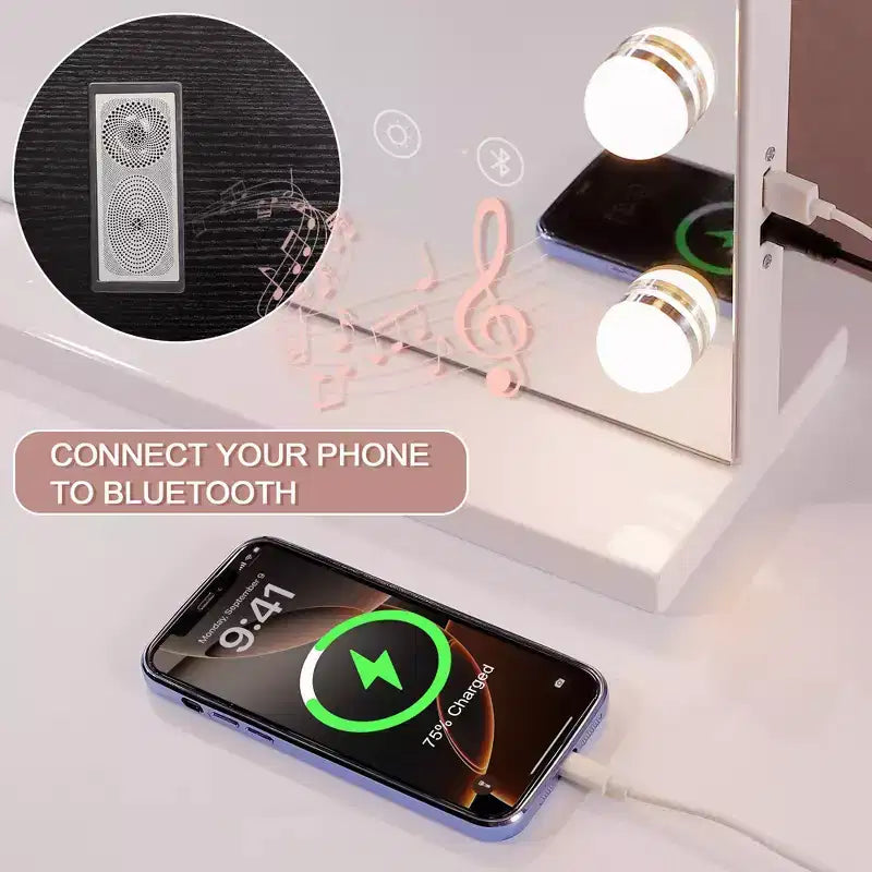 Specchio da bagno singolo moderno nero con luci a LED, altoparlante e porta USB
