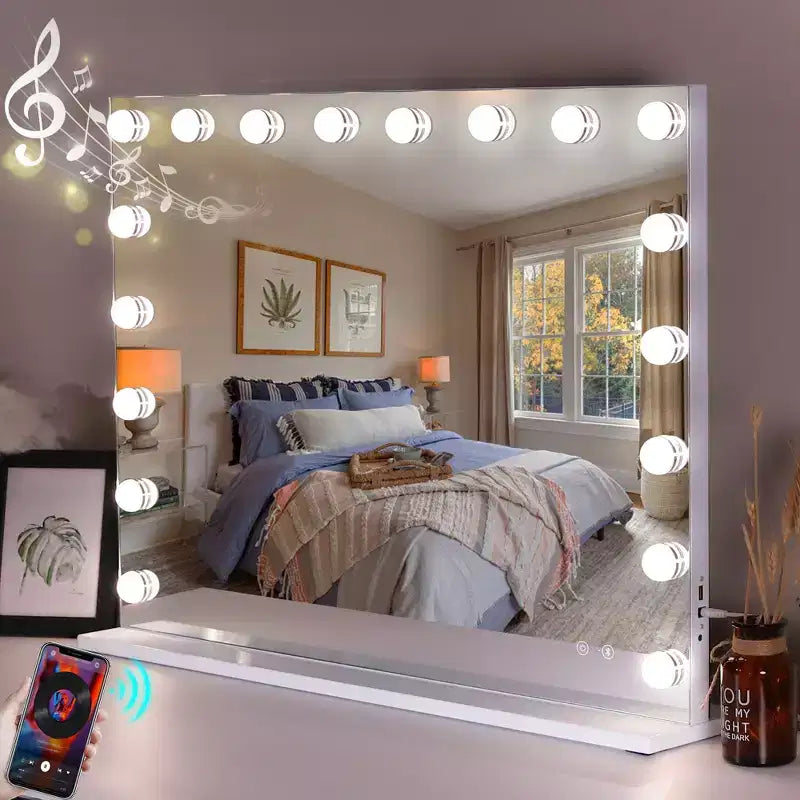 Specchio da bagno singolo moderno nero con luci a LED, altoparlante e porta USB