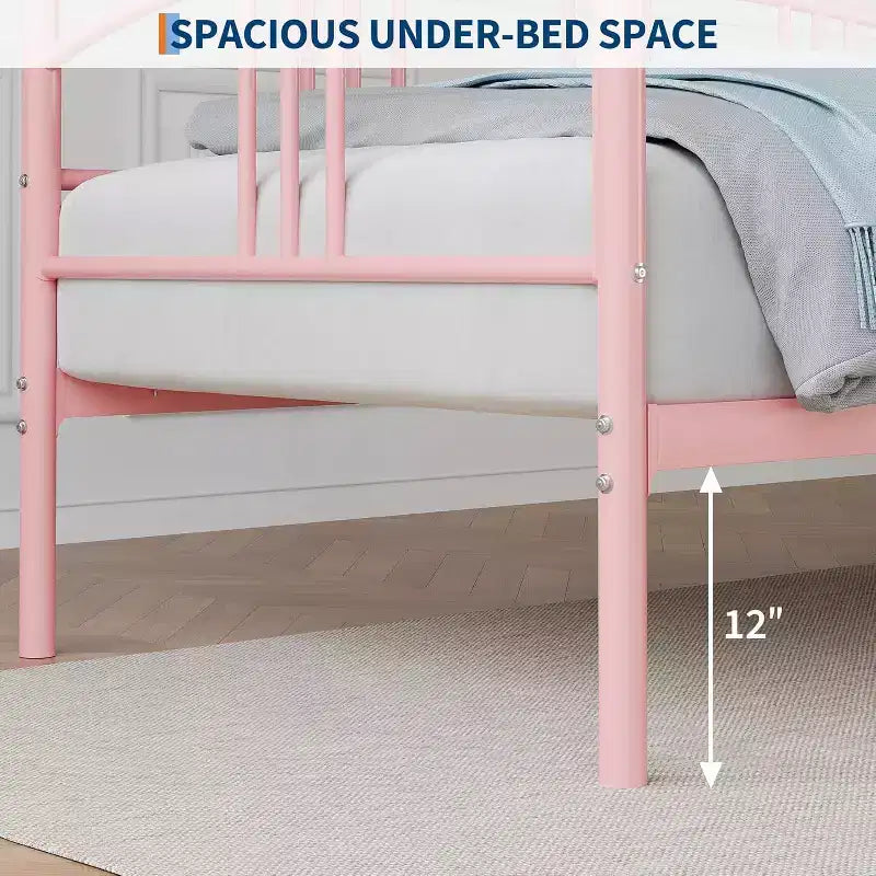 Struttura divano letto singolo in metallo viola/rosa, per 1 persona, con doghe in acciaio, vano contenitore sotto il letto, senza letto estraibile