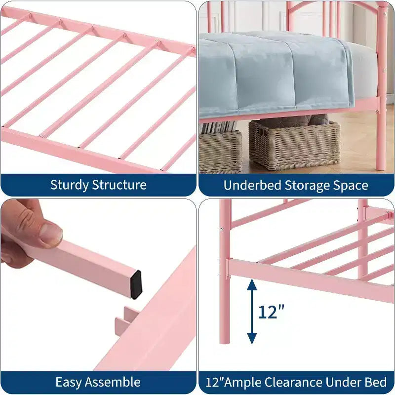 Struttura divano letto singolo in metallo viola/rosa, per 1 persona, con doghe in acciaio, vano contenitore sotto il letto, senza letto estraibile