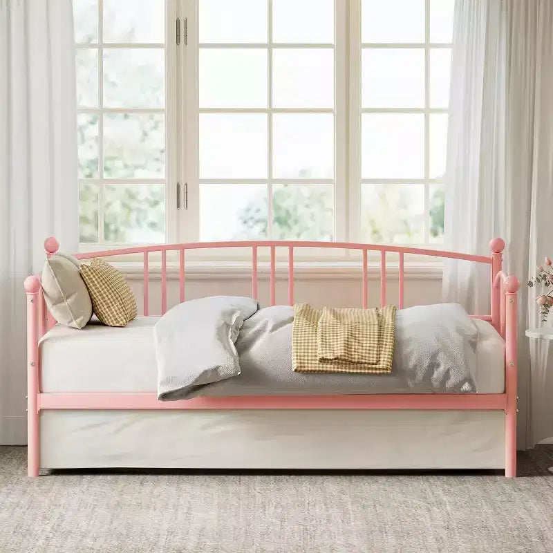 Struttura divano letto singolo in metallo viola/rosa, per 1 persona, con doghe in acciaio, vano contenitore sotto il letto, senza letto estraibile