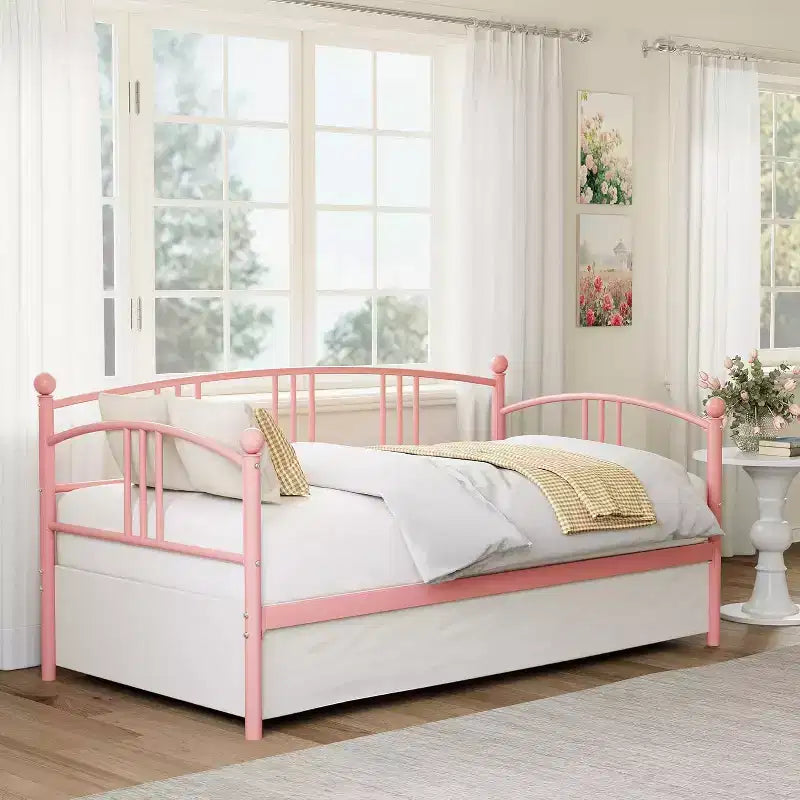 Struttura divano letto singolo in metallo viola/rosa, per 1 persona, con doghe in acciaio, vano contenitore sotto il letto, senza letto estraibile