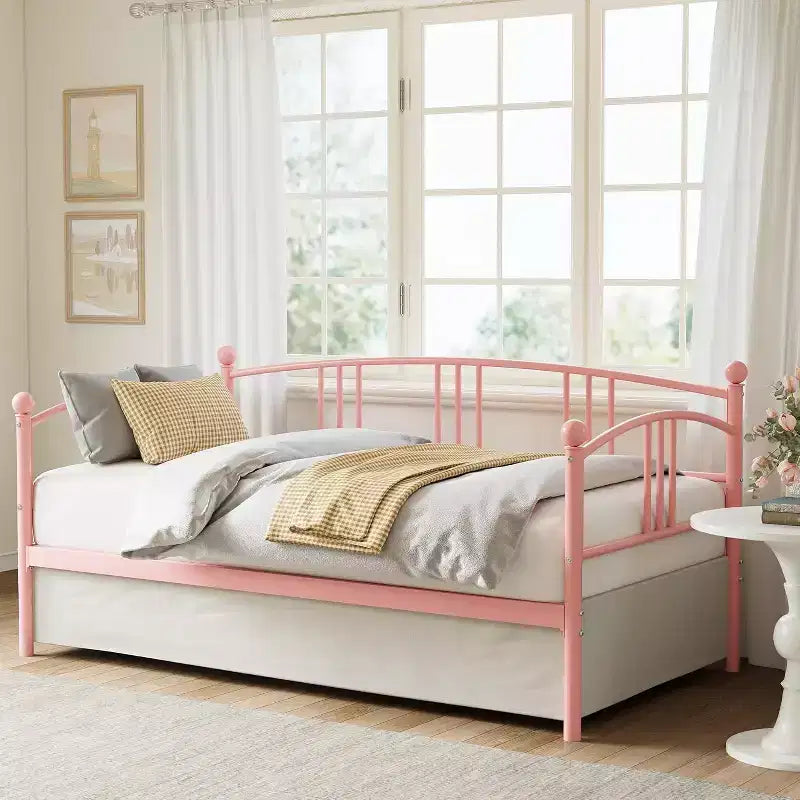 Struttura divano letto singolo in metallo viola/rosa, per 1 persona, con doghe in acciaio, vano contenitore sotto il letto, senza letto estraibile