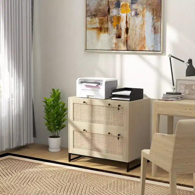 Mobile schedario con serratura a 2 cassetti, design Boho, colore nero/legno naturale/bianco