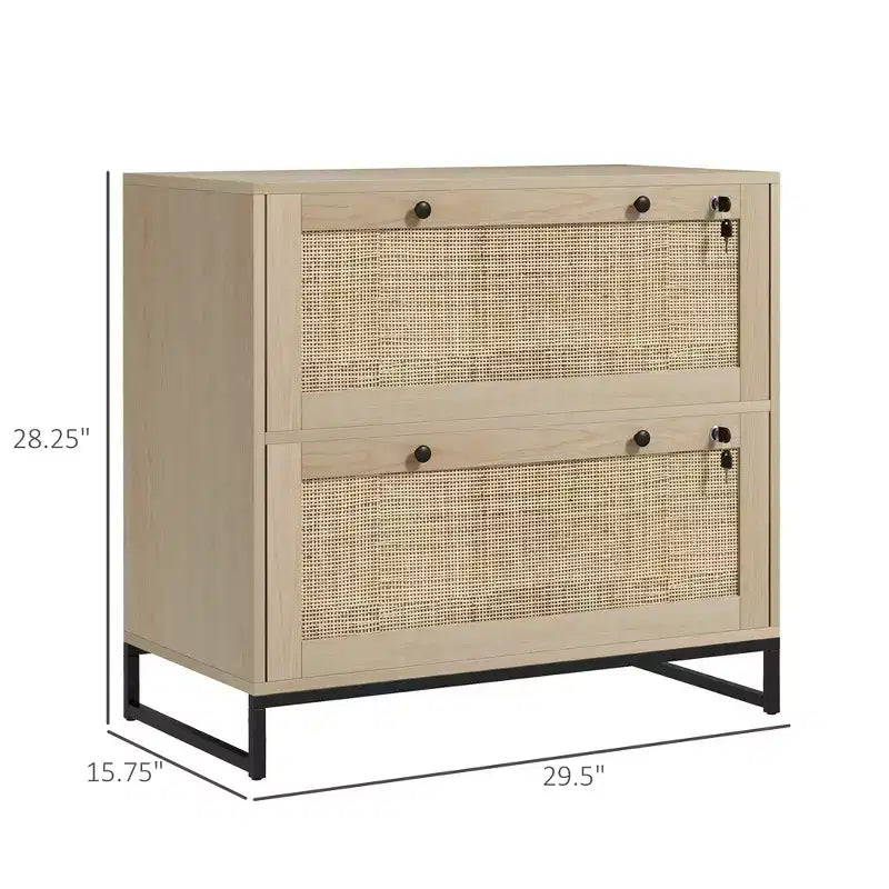 Mobile schedario con serratura a 2 cassetti, design Boho, colore nero/legno naturale/bianco