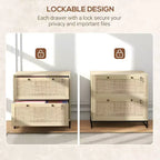 Mobile schedario con serratura a 2 cassetti, design Boho, colore nero/legno naturale/bianco
