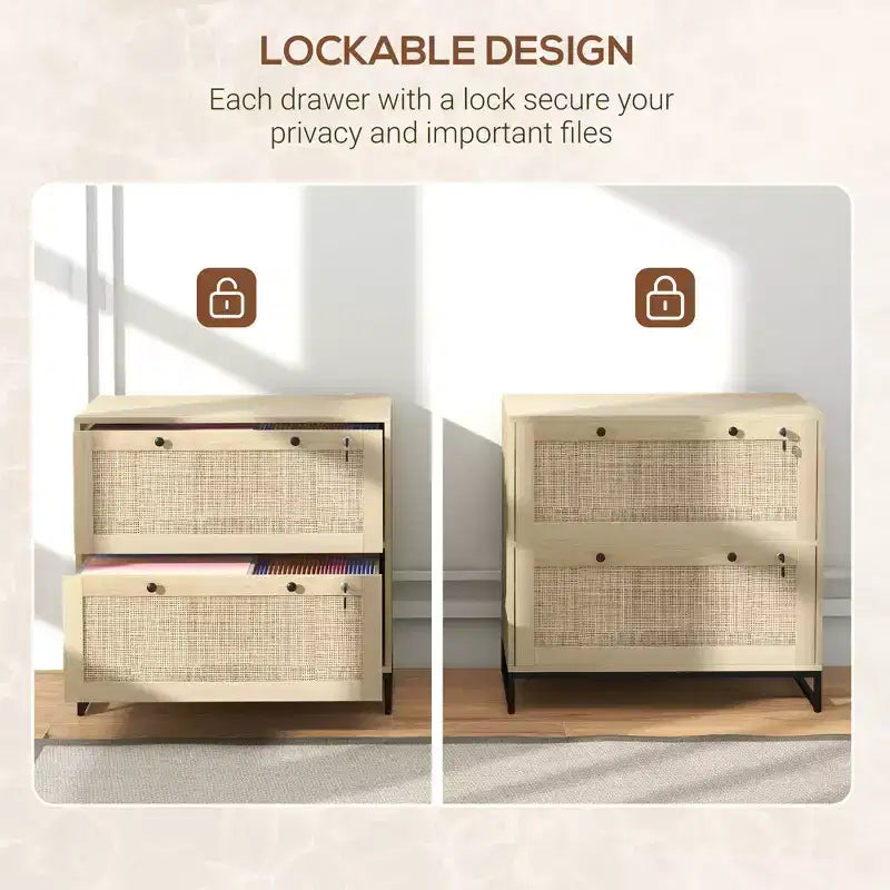Mobile schedario con serratura a 2 cassetti, design Boho, colore nero/legno naturale/bianco