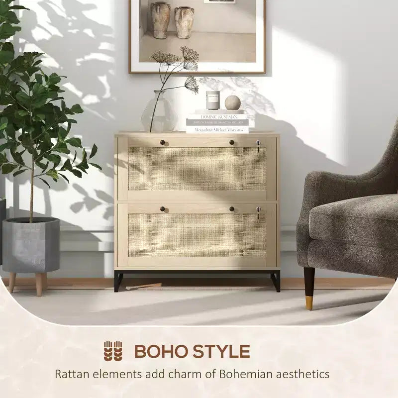 Mobile schedario con serratura a 2 cassetti, design Boho, colore nero/legno naturale/bianco