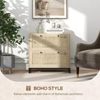 Mobile schedario con serratura a 2 cassetti, design Boho, colore nero/legno naturale/bianco