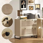 Mobile schedario con serratura a 2 cassetti, design Boho, colore nero/legno naturale/bianco