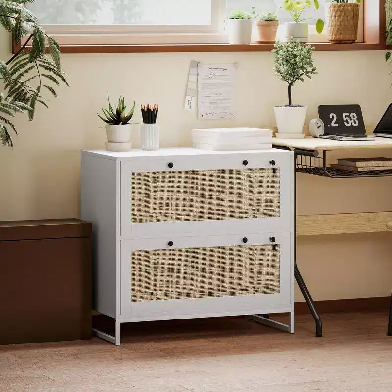 Mobile schedario con serratura a 2 cassetti, design Boho, colore nero/legno naturale/bianco