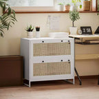 Mobile schedario con serratura a 2 cassetti, design Boho, colore nero/legno naturale/bianco