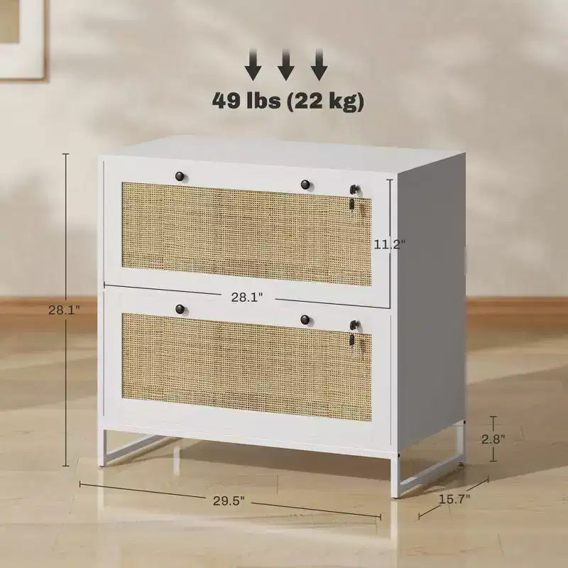 Mobile schedario con serratura a 2 cassetti, design Boho, colore nero/legno naturale/bianco
