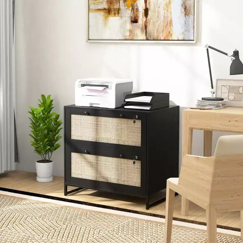 Mobile schedario con serratura a 2 cassetti, design Boho, colore nero/legno naturale/bianco