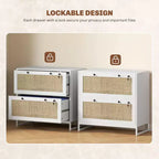 Mobile schedario con serratura a 2 cassetti, design Boho, colore nero/legno naturale/bianco