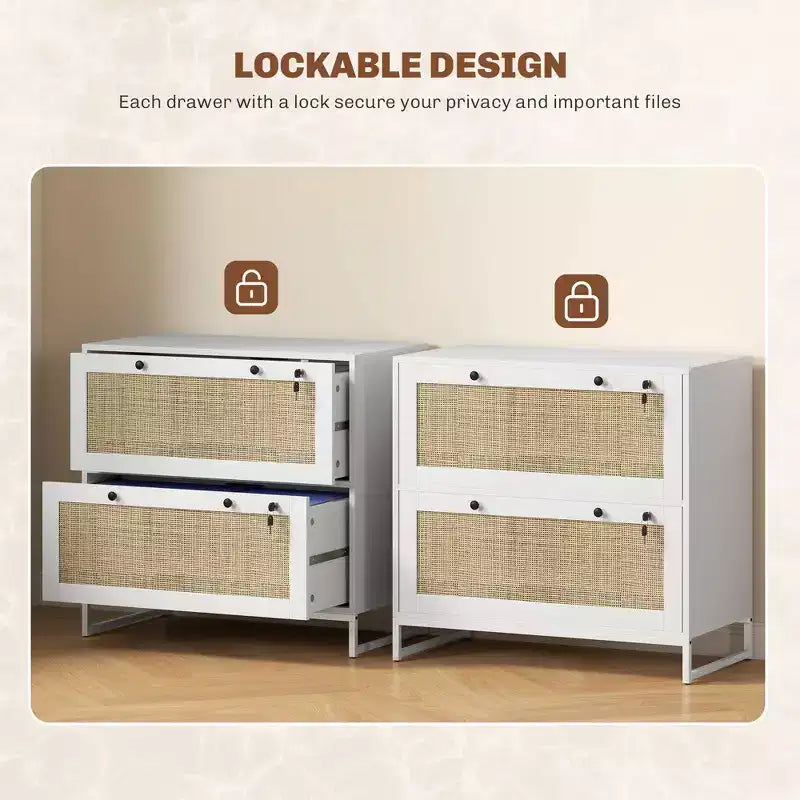 Mobile schedario con serratura a 2 cassetti, design Boho, colore nero/legno naturale/bianco