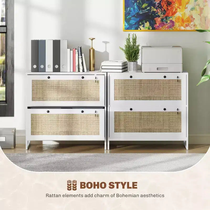 Mobile schedario con serratura a 2 cassetti, design Boho, colore nero/legno naturale/bianco